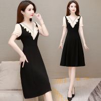 短袖连衣裙女2021夏季新款大码收腰假两件雪纺拼接修身显瘦A字裙 421黑色 M