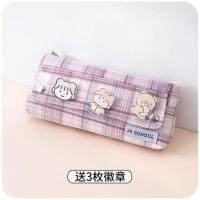 女孩笔袋ins高颜值女童小学生日系简约初中生可爱帆布文具铅笔盒 加长三角翻盖-落樱 (送3徽章)