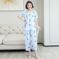 中老年绵绸家居服中年妈妈棉绸睡衣女夏季薄款短袖人造棉两件套装 1号色 XL 建议[90-110斤]