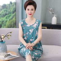 中年棉绸睡衣女夏季两件套人造棉家居服女士夏天妈妈老年人薄款短 无袖-繁花似锦 (无袖特价) XL (90-105斤)