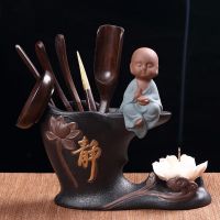 墨荷创意紫砂黑檀木茶道六君子套装茶具配件组合功夫茶具组合茶盘 (招财小僧)普通款配莲花线香