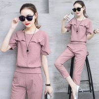 时尚套装2021夏装新款气质短袖荷叶边雪纺衫九分小脚裤两件套女装 粉色 [送项链] S 建议95斤内