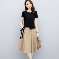 [棉麻]时尚大码连衣裙套装女夏小个子新款显瘦棉麻裙子两件套 黑色上衣+卡其色裙子套装 [两件套装] M[建议100斤内]
