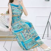 【棉绸面料】棉绸碎花连衣裙长裙夏季新款收腰显瘦大码人造棉裙子 无袖复古蓝 M80-100斤