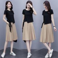 大码连衣裙夏季新款大码女装微胖mm遮肚裙子两件套胖妹妹衣裙套装 黑色上衣+卡其裙子 L 100-120斤