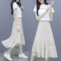 单/套装 字母T恤+雪纺连衣裙套装女夏季新款显瘦碎花裙子两件套 白色T恤 XL 115-130