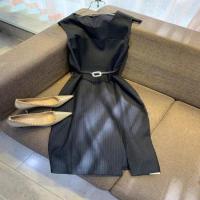 [杭州品质女装]时尚气质名媛中长款无袖气场全开修身连衣裙新款 藏青色 S