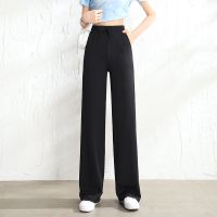 冰丝直筒阔腿裤女2021新款潮夏季薄款高腰休闲垂坠感黑色宽松女裤 1761#黑色 长裤(简约款) S 建议100斤内