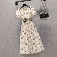 大码女装胖妹妹连衣裙女夏季2021新款时尚气质收腰遮肚显瘦碎花裙 056#碎花连衣裙 S [建议90斤内]