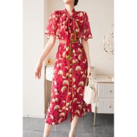 仿桑蚕丝法式名媛气质长裙女2021夏新款飘带斗篷印花仙女连衣裙 红色 S