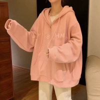 粉色卫衣女早秋薄款韩版慵懒风宽松百搭休闲长袖上衣连帽开衫外套莎丞