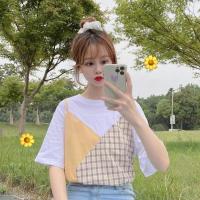 棉质夏季2021年新款ins格子撞色拼接假两件短袖T恤显瘦上衣女学生 莎丞