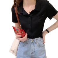 2022夏季新款修身polo领针织短袖t恤女装韩版百搭洋气ins上衣 莎丞