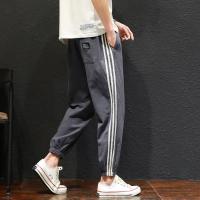 夏季休闲裤子男大码九分裤条纹日系宽松束脚裤运动亚麻潮流棉麻裤 莎丞