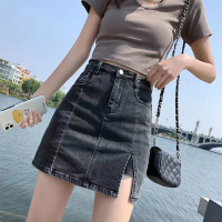 高腰侧开叉牛仔半身裙女夏季2022新款显瘦a字辣妹包臀弹力短裙子莎丞
