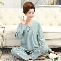 中老年人睡衣女春秋季棉质长袖中年妈妈奶奶加大码家居服棉质套装 莎丞