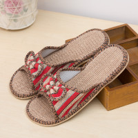 蝴蝶结亚麻拖鞋居家室内木地板防滑透气夏季凉拖鞋男女情侣牛筋底 红色 女35-36码适合34-35脚