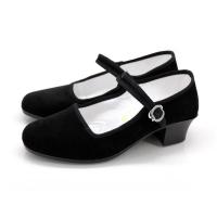 老北京布鞋坡跟女鞋黑色扣带上班鞋工作鞋一字扣单鞋 黑色 33