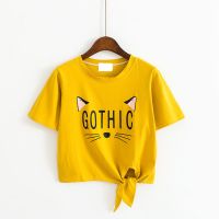 T恤女夏小清新印花短袖丅恤韩版可爱宽松百搭学生半袖体桖上衣服 309#黃色[绑带猫字母] M