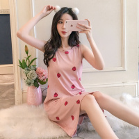 睡裙女夏季学生可爱纯棉无袖背心裙夏天休闲吊带睡衣中长款连衣裙 背心裙-#油画草莓 160(M)