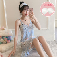 睡裙女夏季纯棉性感带胸垫吊带裙学生可爱夏天薄款宽松连衣裙睡衣 #竖条兔(带胸垫)送眼罩 160(M)