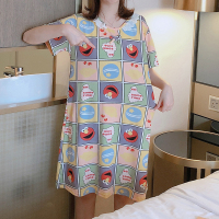 甜美学生花边短袖纯棉睡裙女夏韩版可爱卡通家居服夏天宽松睡衣女 #JJL-花边短袖裙202格子芝麻街 160(M)