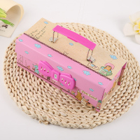 男女创意三层密码手提文具盒小学生多功能可爱卡通笔袋铅笔收纳盒 101动物世界粉色