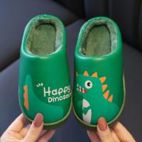 儿童棉拖鞋男恐龙防水pu皮面秋冬保暖防滑室内居家中大童包跟拖鞋 绿色(防水面) 26-27码鞋内长16cm约2-3周岁