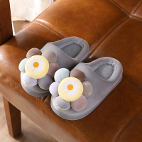 小菊花棉拖鞋儿童可爱女童保暖毛绒女宝宝防滑家用毛毛拖鞋秋冬季 灰色 14-15/内长约14cm