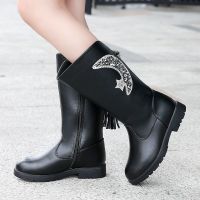 真皮女童鞋冬季新款儿童靴中高筒女童靴子韩版马丁靴小女孩雪地靴 黑色[加棉-D72] 尺码偏小拍大一码