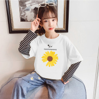 2021春季女童韩版新款长袖T恤中大童春装洋气宽松打底衫上衣女 单件白/菊花 110cm