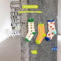 女童袜子春秋款纯棉小花格子中筒袜儿童宝宝彩色长筒堆堆袜秋冬季 A组(白色小花+绿橘格子+橘色圆点) S约1-3岁(建议脚