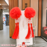 儿童新年发夹宝宝过年发饰可爱女童中国风发卡刘海夹红色喜庆头饰 红色毛球1对装