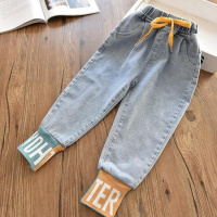 女童字母小脚裤中小大童2020春秋装新款儿童宽松束脚休闲裤 蓝色 字母裤脚 100cm