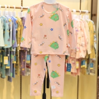 儿童秋衣秋裤套装纯棉男女莱卡棉薄款可外穿内衣宝宝中大童家居服 粉色彩虹恐龙 90码（适合80cm左右）