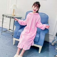 女童睡衣加绒秋冬款中大童珊瑚绒睡袍儿童家居服女宝宝法兰绒睡裙 粉红色 100cm
