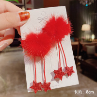 儿童汉服古装发卡头饰女童古风超仙发夹流苏边夹公主毛球爱心发饰 红色毛球星星流苏发夹一对(收藏加购优先发货)
