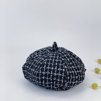小香风千鸟格八角贝雷帽儿童帽子秋女童蓓蕾帽英伦复古画家帽女潮 黑色 参考年龄2-7岁 帽围48-52CM