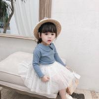 女童纯色打底衫2019秋季新款女童洋气娃娃领上衣宝贝韩版翻领打底 雾霾蓝. 90m(建议身高70-80cm)