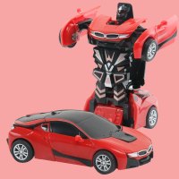 新款儿童汽车校车玩具车男孩金刚碰撞变形机器人惯性小宝宝跑车神 一键变形-宝马[红色]