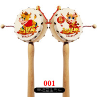 生肖画婴儿拨浪鼓原木手柄货郎鼓牛皮摇鼓初生儿童木质玩具手摇鼓 牛001:原木 无漆 拨浪鼓1只