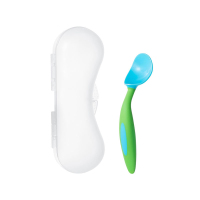 宝宝学吃饭训练弯头勺子一岁固定弯曲叉勺婴儿辅食婴儿童餐具套装 固定弯曲小勺-宝石蓝 裸装 赠收纳盒