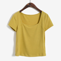 方领短袖T恤女士夏修身显瘦黄色上衣短款2020年夏季新款 芝士芒芒色 XS