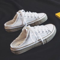 小白鞋女学生2021年夏季新款无后跟半拖一脚蹬懒人韩版百搭帆布鞋 半拖[毛边款]白绿 35