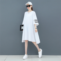 2021夏季新款300斤可穿白色大码中长款t恤女宽松上衣长款连衣裙女 袖子印花白色 M