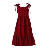 复古风气质红色裙子2021夏季新款系带中长款木耳花边拼接连衣裙女 气质红色(实物颜色偏暗) M 以前的均码