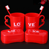 结婚洗漱用品新娘陪嫁婚庆香皂盒牙杯牙刷皂盒套装情侣红色一对 LOVE款