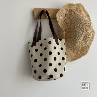日式波点简约手提便当盒百搭单肩包男女学生餐盒袋文艺加厚帆布包 米白色 小号