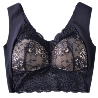 蕾丝美背心式无痕内衣女士夏季大码2021薄款冰丝全罩杯防下垂文胸 黑透肤色 2L(80C 85B 90A)