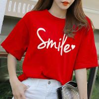 纯棉大红色t恤短袖2021年新款女装 甜酷小众宽松夏季又甜又辣上衣 红色白字(7307) S